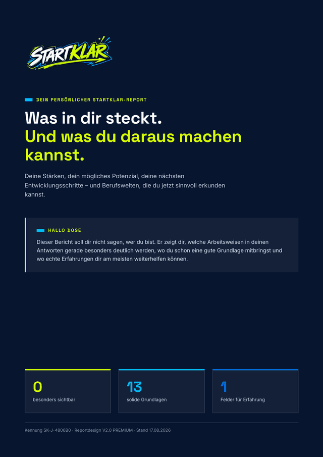 Titelseite eines STARTKLAR-Ergebnisreports, Beispieldaten