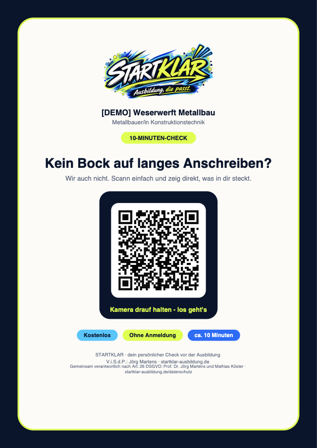 STARTKLAR-Flyer mit QR-Code zum Scannen, Beispieldaten