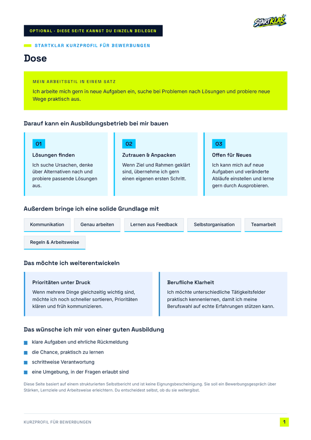 Titelseite eines STARTKLAR-Kurzprofils für Bewerbungen, Beispieldaten