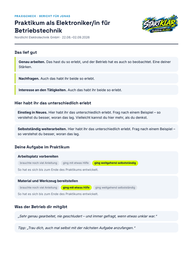 Bericht nach dem Praktikum für eine jugendliche Person, Beispieldaten
